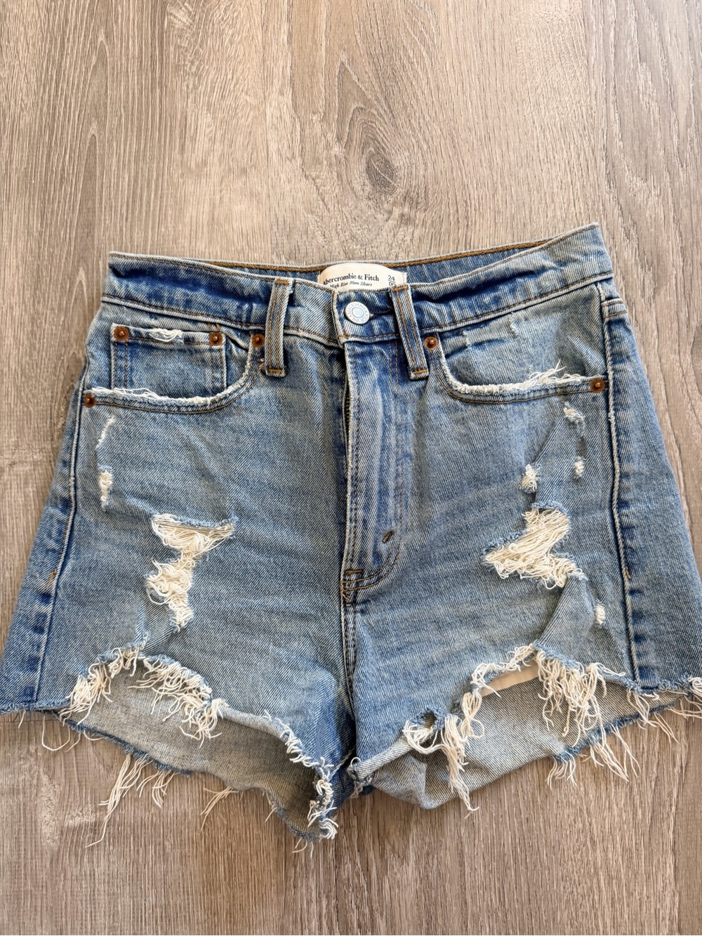 Abercrombie & Fitch High-Rise Distressed Denim Shorts - Light Blue